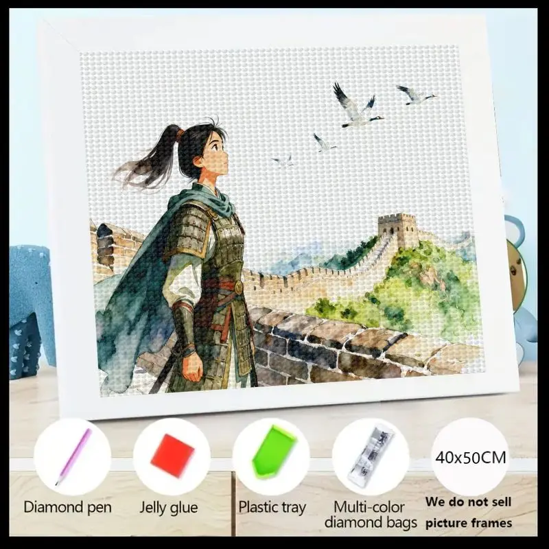 

1 шт. DIY 5D полный дрель комплект алмазной живописи, аниме-стиль женщина-воин в стиле Мулан на Великой стене с журавлями, хрустальные стразы