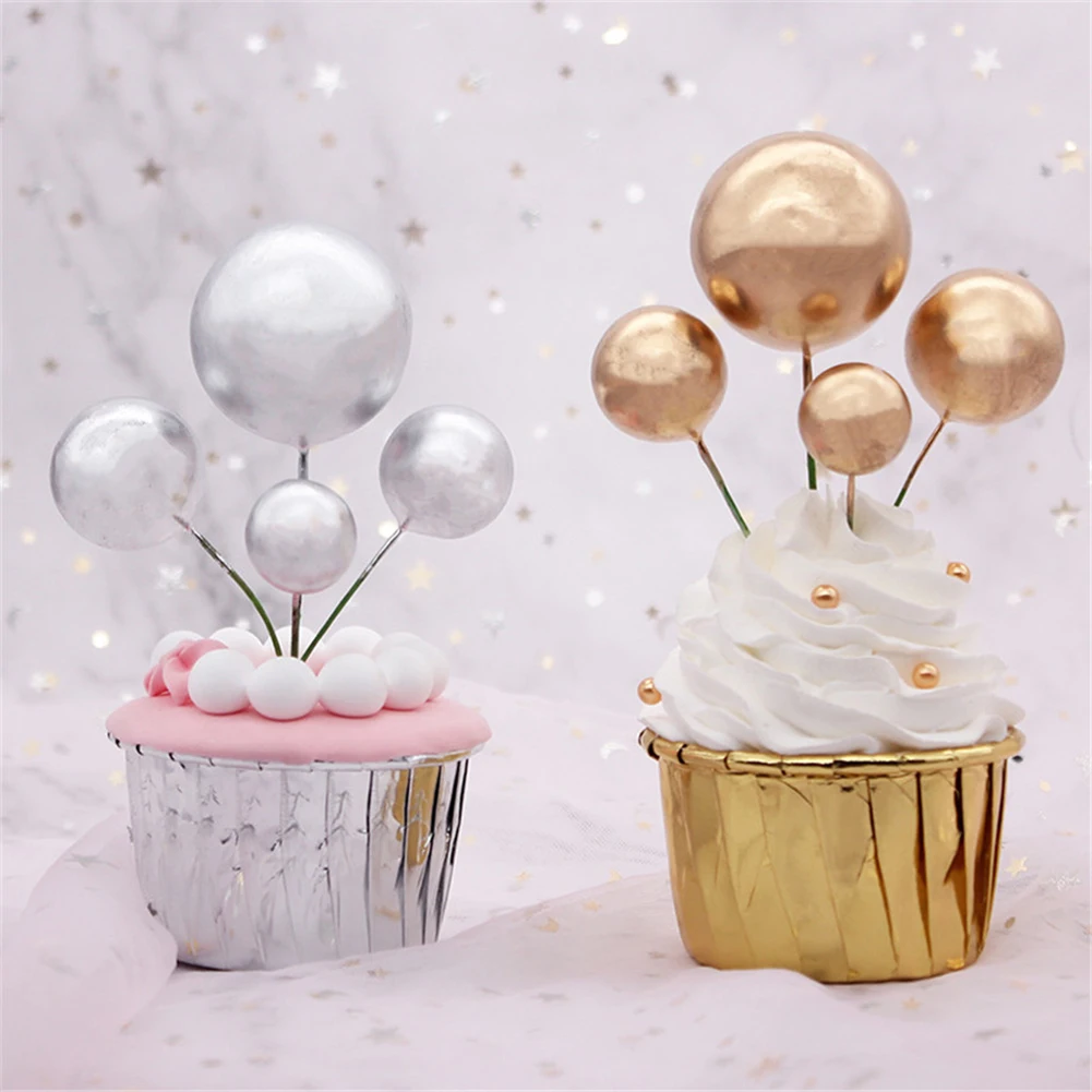 5Pcs Cake Topper Gold Silver Ball Happy Birthday Cake Topper DIY Cupcake Flag Wedding Decor Christmas Ball Birthday Decoration