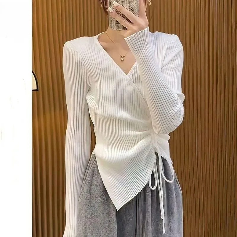 Women\'s Autumn Winter Fashion Elegant Solid V-neck Drawstring Irregular Casual Versatile Long Sleeve Slim Fit Sweater Knit Tops