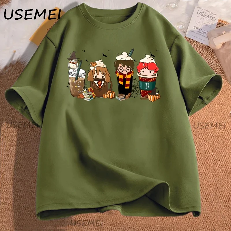 Cute Coffee Characters T-Shirt Women Men Aesthetic Tee Pumpkin Fall T Shirt Cotton Short Sleeve  Aesthetic High Quality Tees