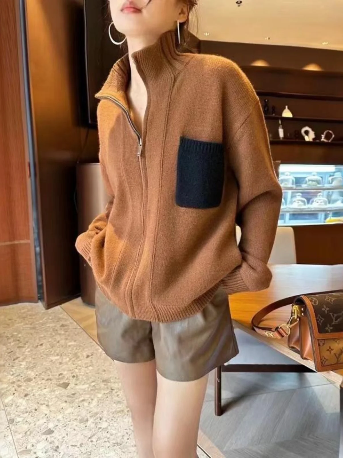 

Fall/winter 100% pure cashmere cardigan women's high neck loose thickened zipper lapel cashmere sweater coat