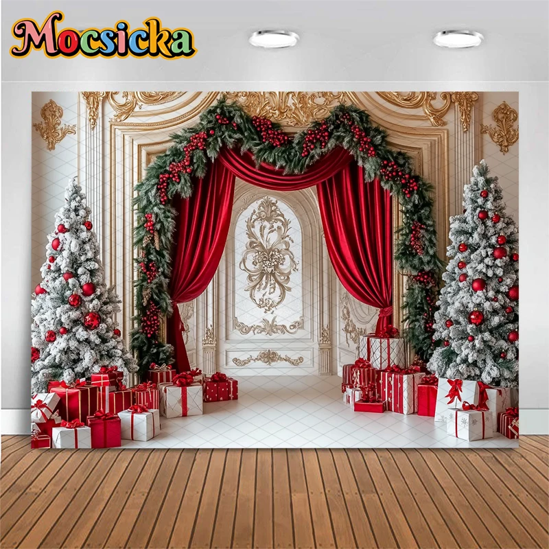 Mocsicka Golden Relief Wall Christmas Photo Backdrop Red Curtains Snow Flocked Xmas Tree Background Live Stream Holiday Shooting