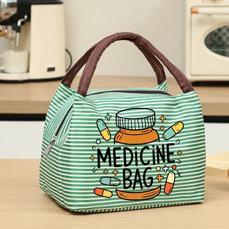 Portable Medicine Storage Bag with Handle Green Striped Zipper Organizer Tote Large Capacity Medication Carrying Bag for Daily