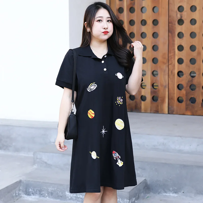 150KG Summer Fashion Women Polo Collar Dress High Quality Astronaut Planet Cartoon Embroidery Loose Casual Cotton Knitted Frocks