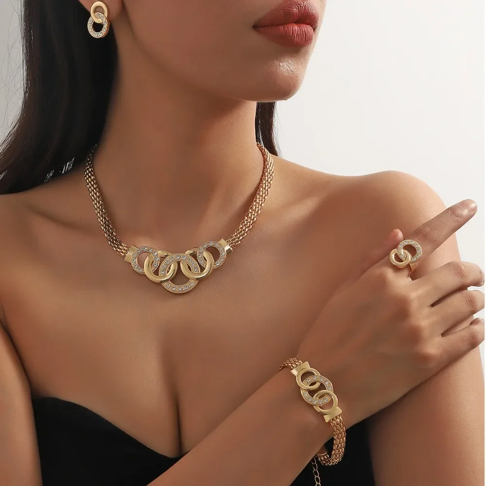 4 Pcs Set Retro Charm Gold Color Geometric Circle Zircon Necklace Earrings Ring Bracelet for Women Charm Bride Jewelry Set Gift