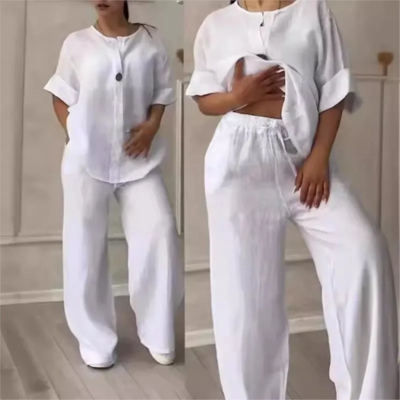 Fall Winter White Fashion Womens 2 Piece Set Suit Long Sleeve Loose Top Wide Leg Trousers Casual Cotton Linen Suit Women Clothes