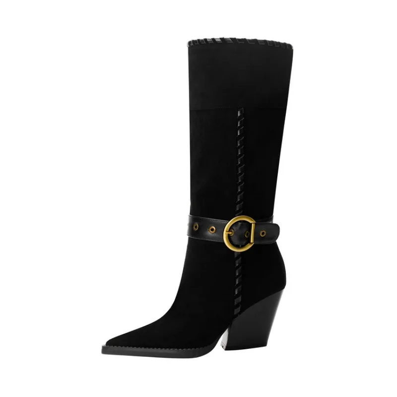 

Новые удобные сапоги до колена в стиле ретро с пряжкой на ремне, повседневные женские сапоги в европейском и американском стиле, черные, коричневые, для поездок на работу, для покупок и отпуска