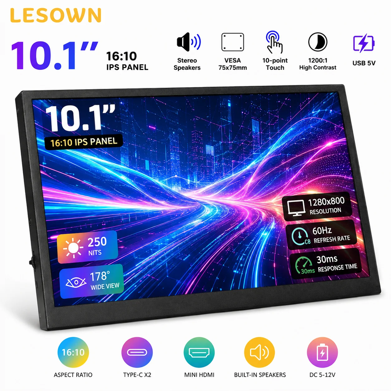 LESOWN Extended Monitor 10.1 Inch IPS HDTV Easy Setup for Office Productivity Desktop Second Screen Portable Metal Body