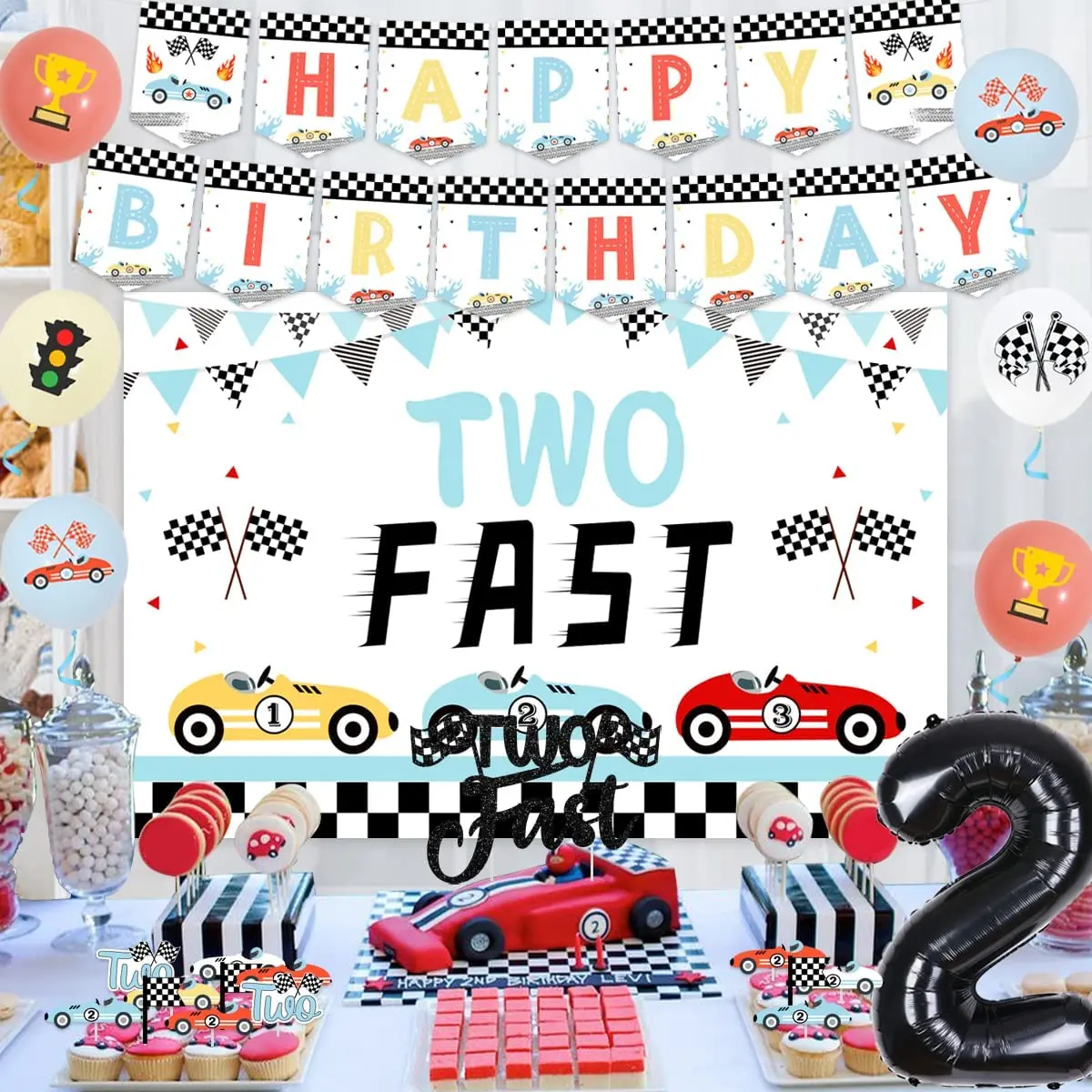 

Vintage Two Fast Birthday Decorations for Boy Retro Race Car 2nd Birthday Party Supplies Two Fast Backdrop Cake Toppers Balloons