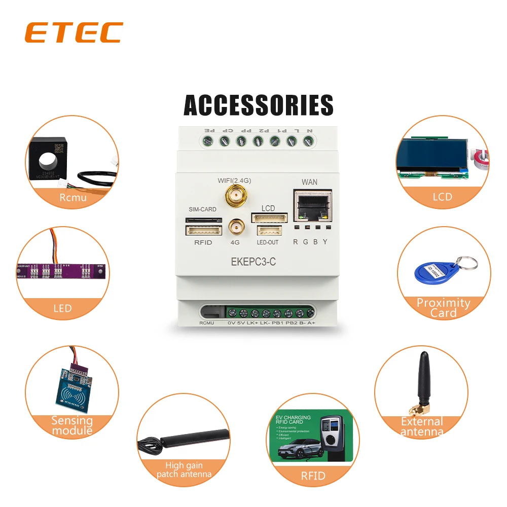 ETEC Controller of EV Charger Cable type with OCPP1.6 (Wifi,4G,Ethernet),with RFID module and 2 cards EKEPC3(without accessories