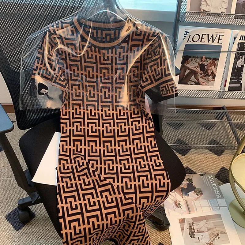 

Women's Fashion Jacquard Y2k Chic Knitted Short Sleeve Elegant Dress Summer Korean Style Slim O-neck Pullovers Dresses