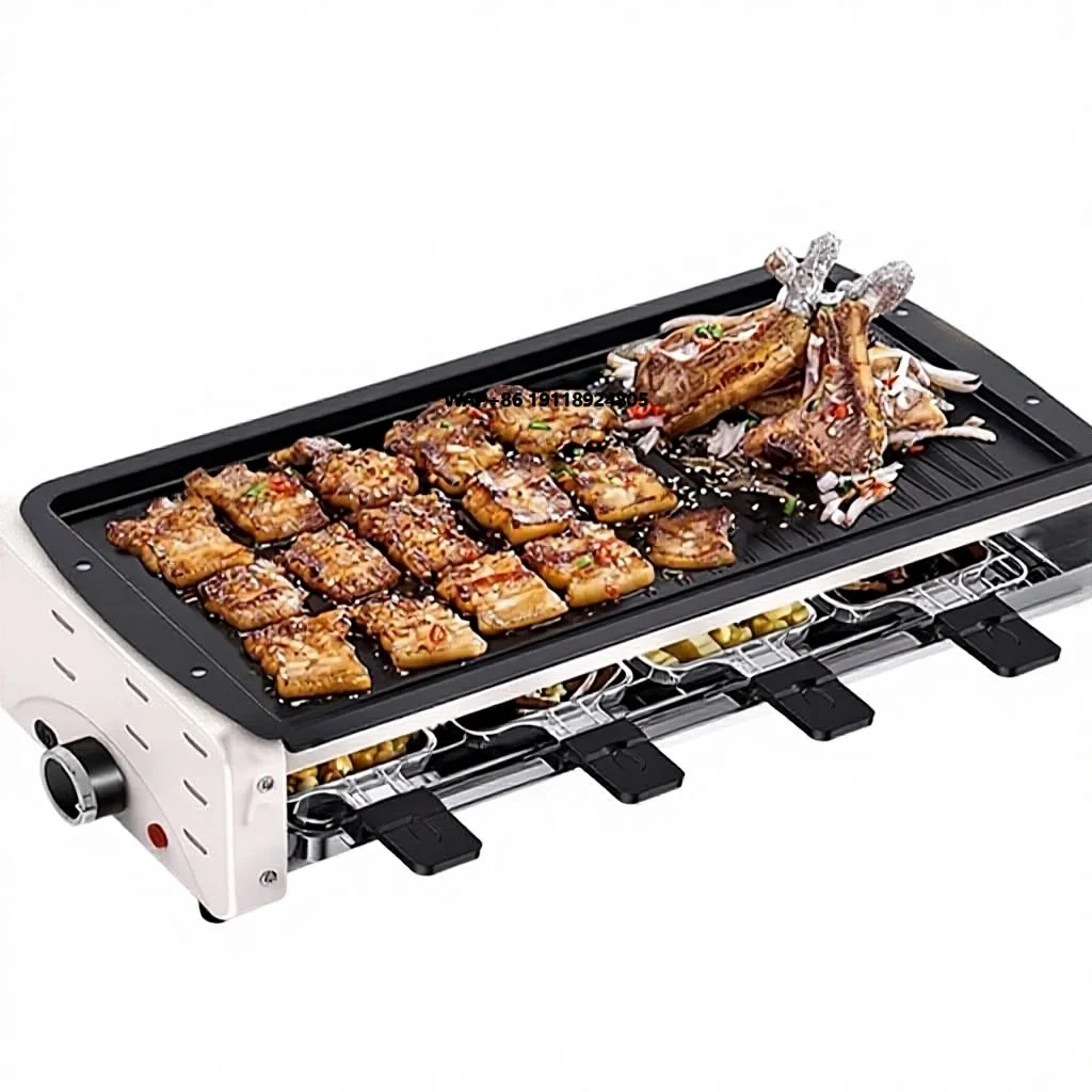 FIRST Double Layer Stainless Steel Ceramic Enamel Electric Grill Smokeless Griddle 3-Ring Heating Non-Stick Surface for Grilling