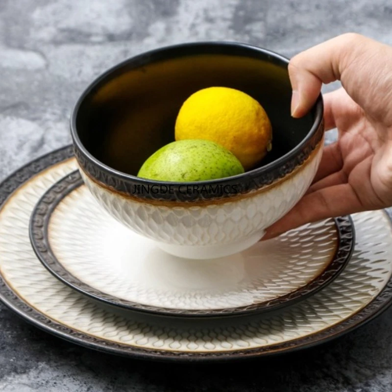 1pc Ceramic Steak Plate Circular Plate Household Fruit Platter Rice Bowl Kitchen Utensils Black Border Relief Plate Relief Bowl