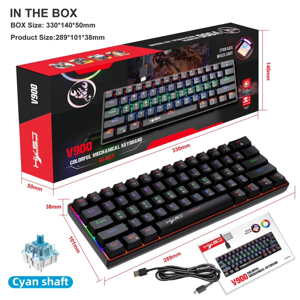 

V900B Wired Gaming Keyboard 61-Key RGB Lighting Gaming Keyboard RGB Backlit Mini Keyboard For PC Gamer Typist Travel