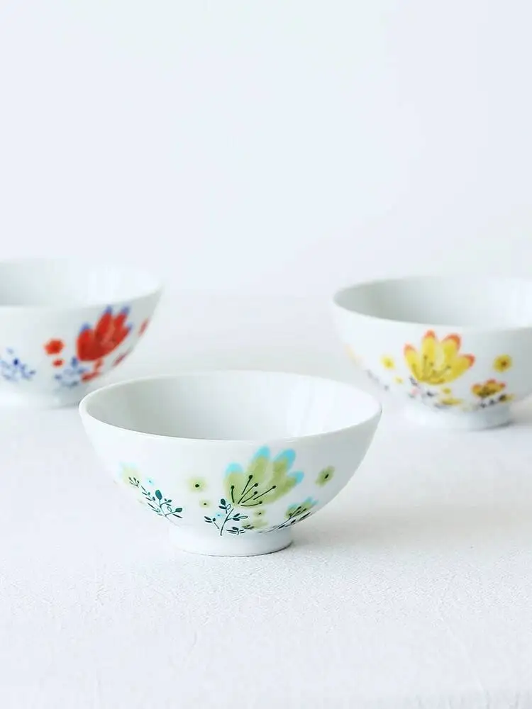 In Stock Japanese Imported Kutani Ware Colorful Spring Flower Ceramic Rice Fruit Snack Small Bowl Gift Box Set