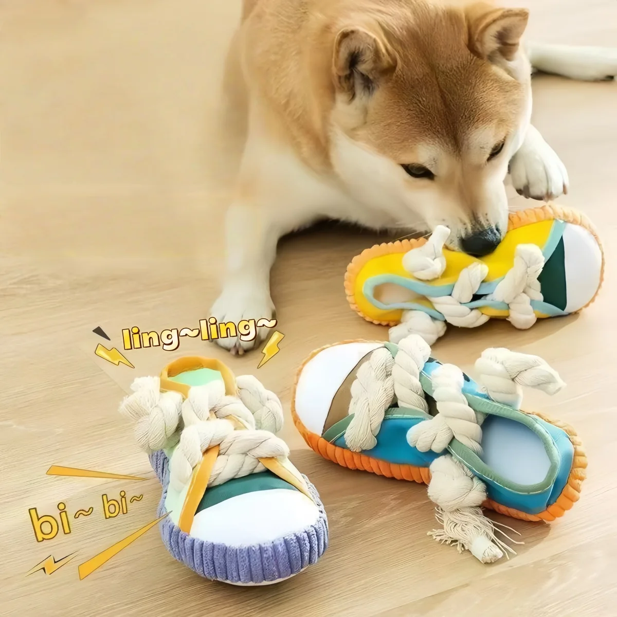 Hundespielzeug zum Kauen, Quietschend, Bissfest, aus Canvas, Knotenspielzeug für Welpen, zur Zahnreinigung und zum Training, mit Glocke, Kauspielzeug-Zubehör – Detail 4