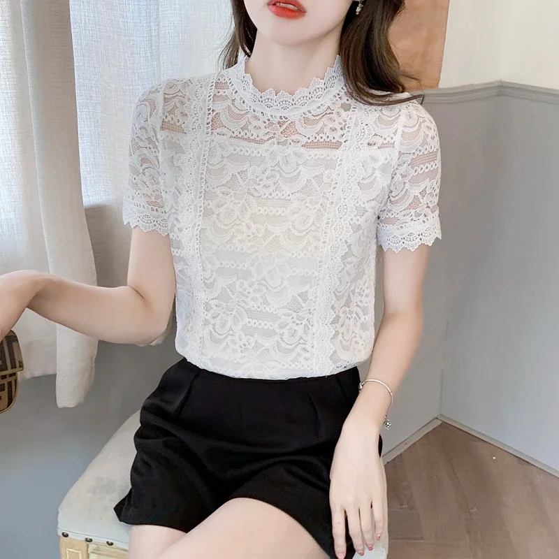 New Fashion Summer Short Sleeve Stand Collar Women Blouse White Lace Blouse Shirt Women Tops Blusas Mujer De Moda 2024 Blusa F51