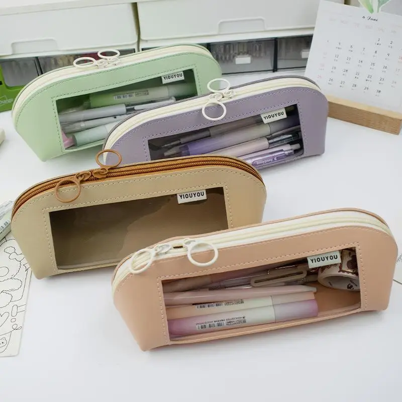Morandi Large Capacity Pencil Case Organizer Purple Transparent Pen Bag Cosmetic Bag School Study Stationery Office Supplies