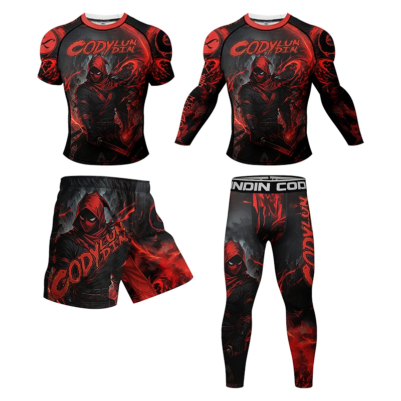 

High compression Men' s Jiu jitsu gi Fitness Training 4-piece Set Cody Lundin Red Warrior Print MMA BJJ Ruash Guard Sports Sets