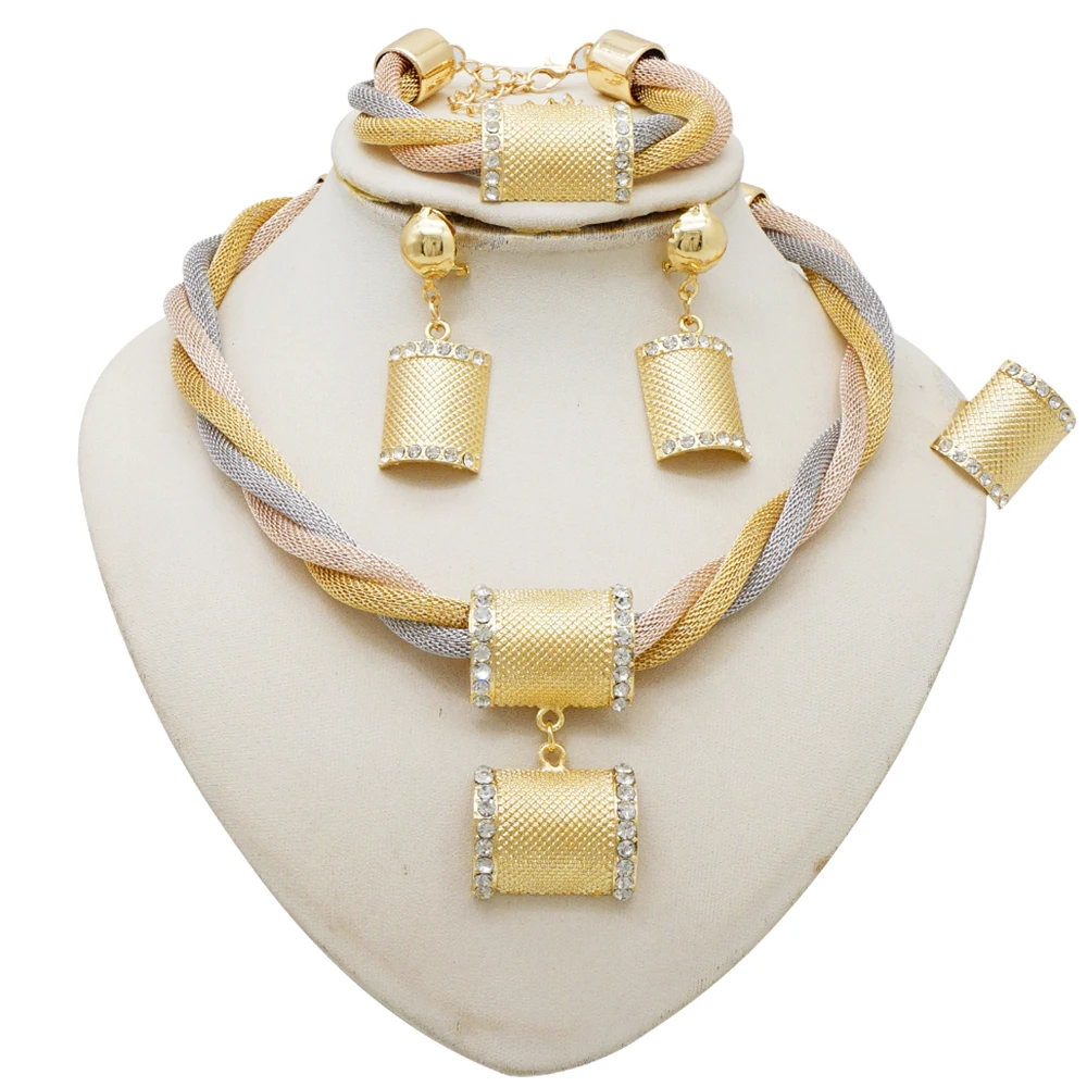 

Gold plated crystal pendant necklace set, double chain jewelry set