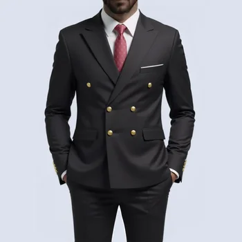 Men Double Breasted Suit Black Slim Fit High Quality Wedding Costume Party Prom Gold Button Male Suits