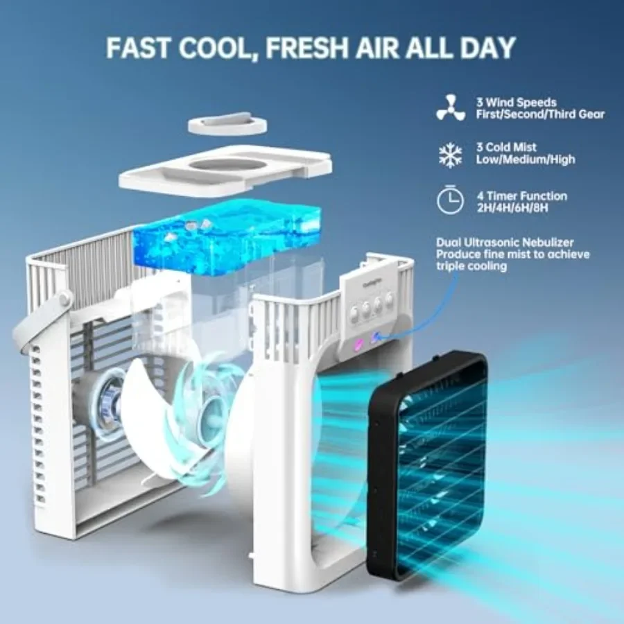 Portable air conditioner for bedrooms, office, car; ABS plastic; white; 4-in-1 cooling fan with 3 speeds, 3 mist modes, 1200ml