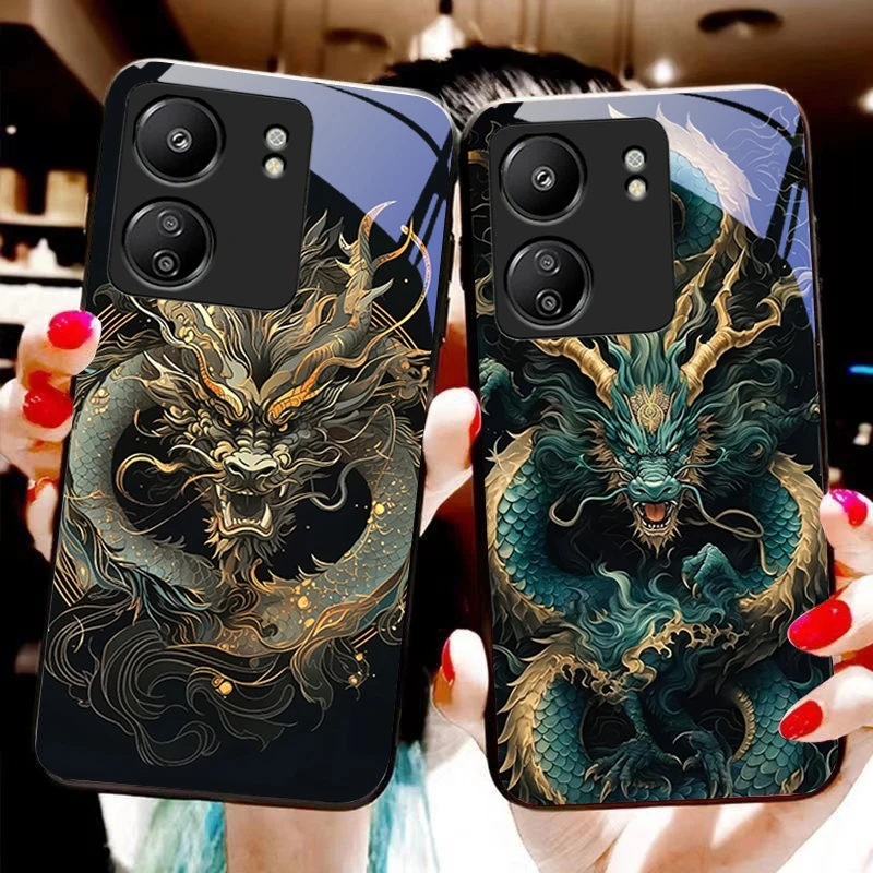 Chinese Wind Dragon For Xiaomi Redmi 13C Note13 12 Pro Plus 5G Note 9 13T Pro POCO X6 F5 F6 Black tempered glass phone case