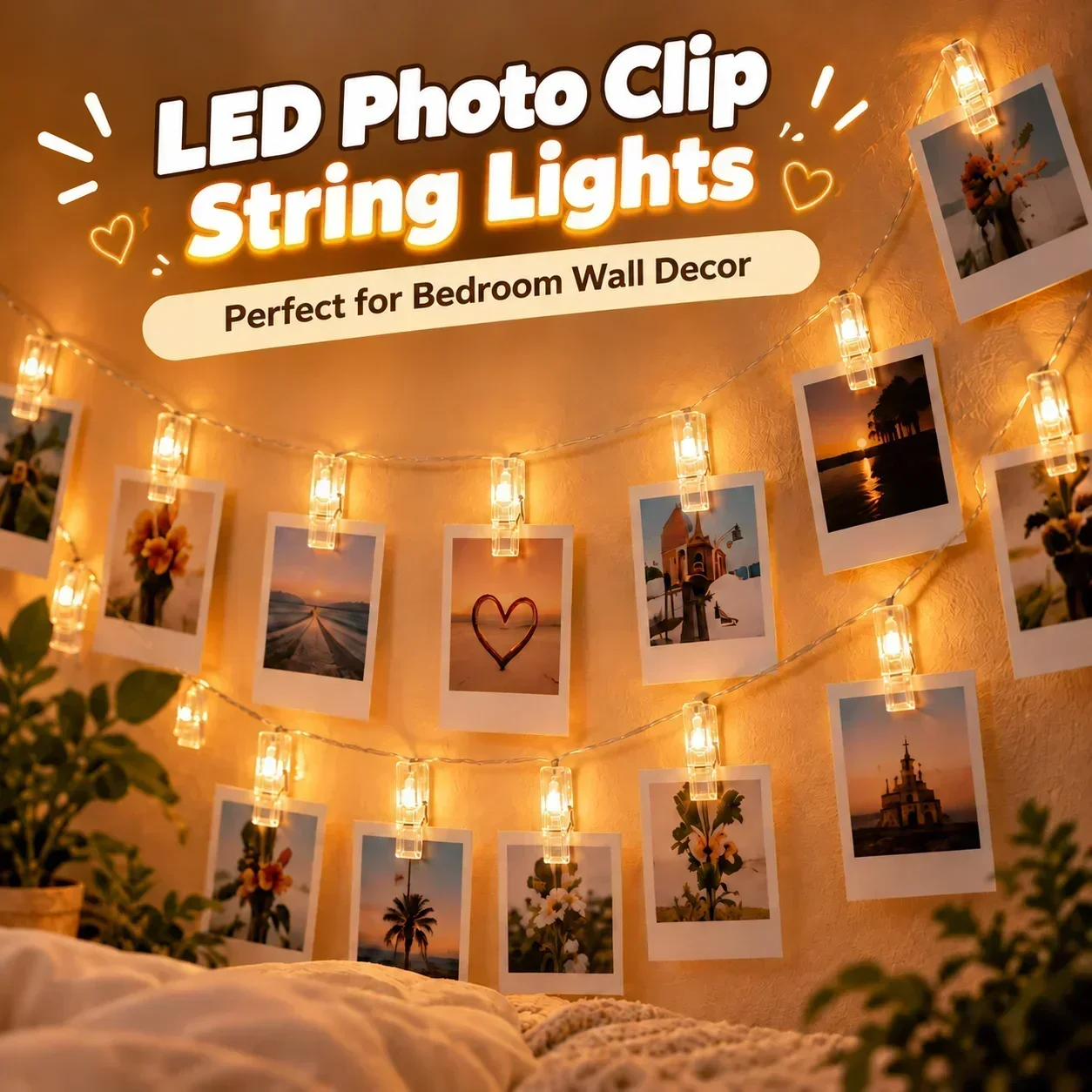 LED String Lights Battery Powered Fairy Twinkle Lights with Clips for Hanging Pictures Bedroom Wall Wedding Decor