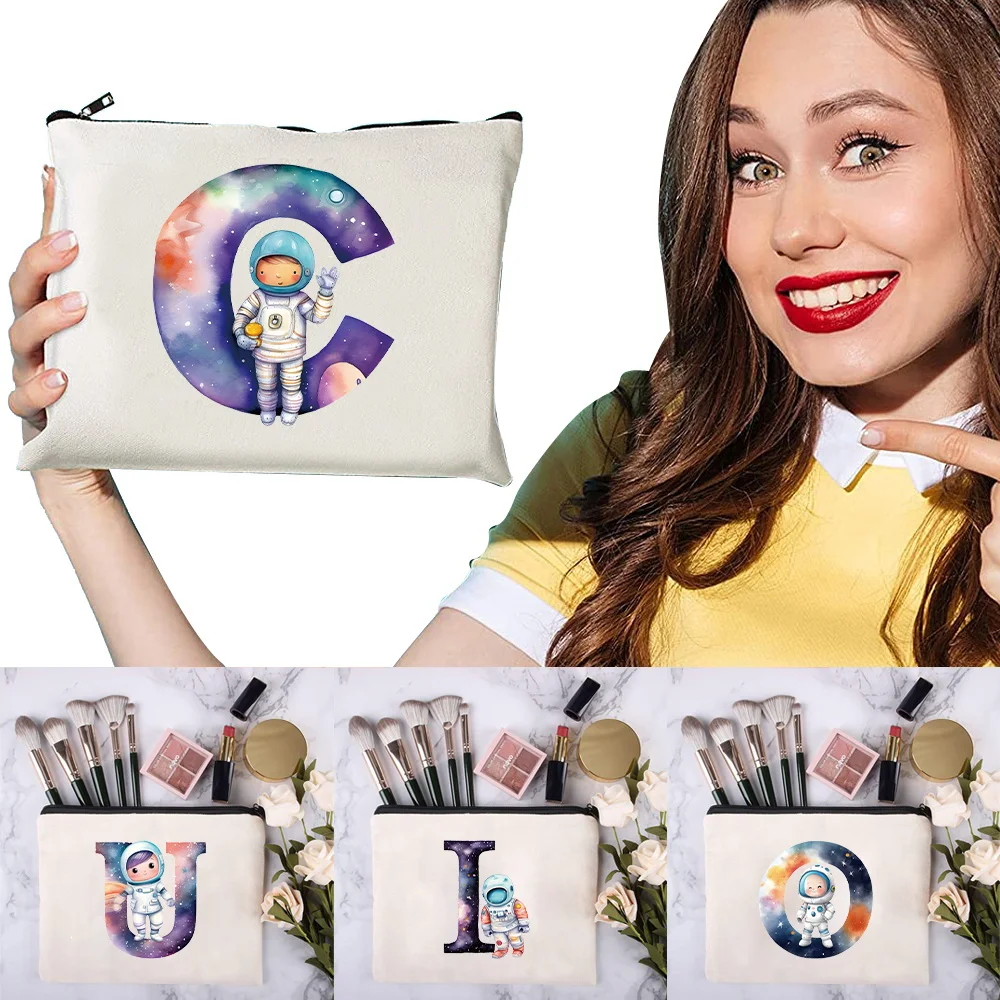 Handy Canvas Zipper Cosmetic Pouch With Astronaut Letter Print Travel Makeup Bag for Small Beauty Products Brushes and Lipsticks