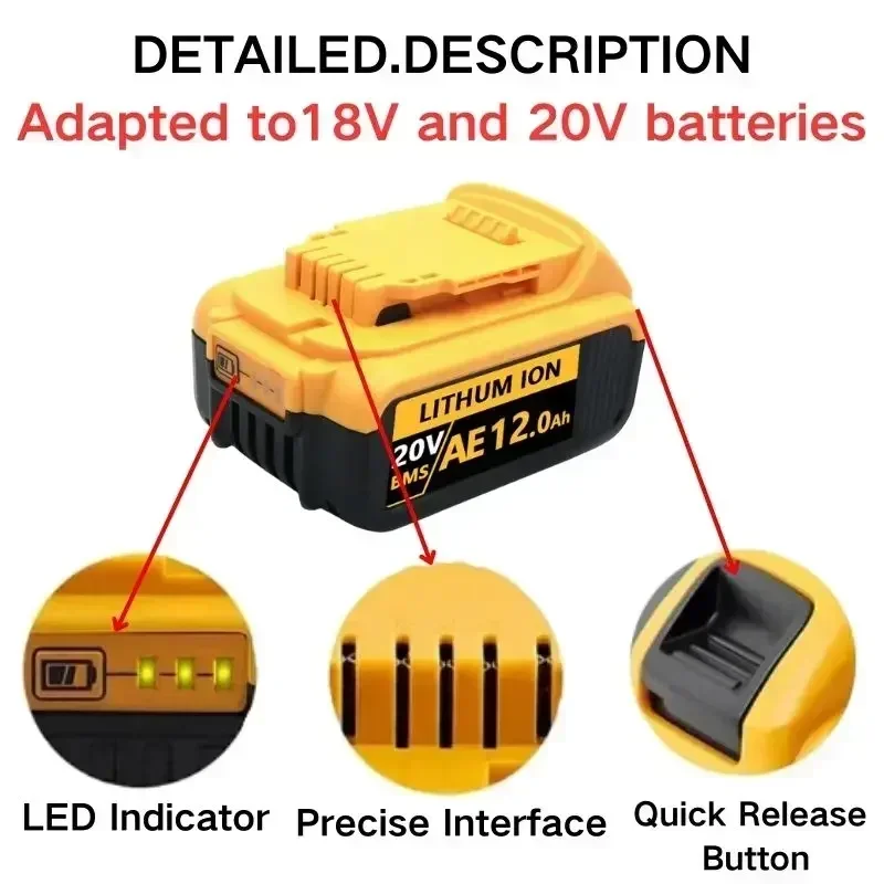 For Dewalt Tools Battery DCB200 DCB206 DCB207 DCB204 MAX Li-ion Rechargeable Power 20V 6.0Ah/8.0Ah/12.0Ah Replacement