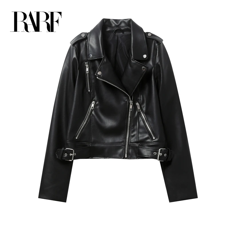 RARF 2024 Women\'s Spring Black faux-leather jacket Casual zipper and belt Cycling jacket Casual jacket jacket