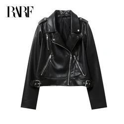 RARF 2024 Women's Spring Black faux-leather jacket Casual zipper and belt Cycling jacket Casual jacket jacket