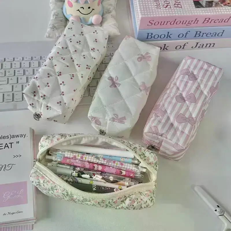 Cute Butterfly Knot Cherry Blossoms Pencil Case Large Capacity Stationery Storage Bag Multifunctional Makeup Bag Stationery Box