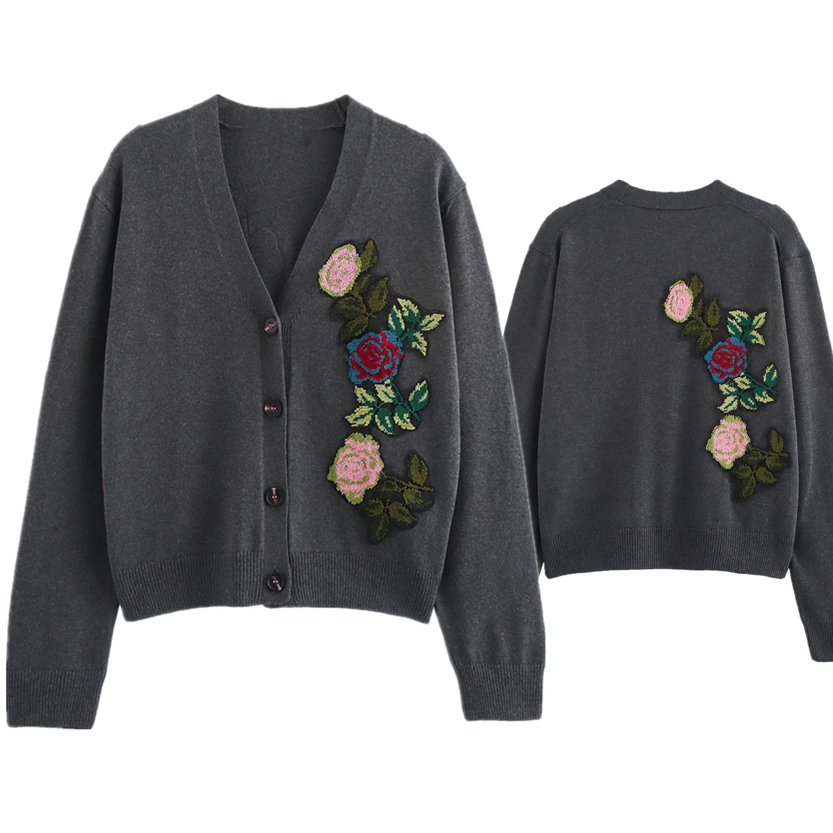 

Dave&Di 2025 SS French Countryside Style Flower Embroidery Knitted Jacket Grey Minimalist Sweater Cardigan Women Tops