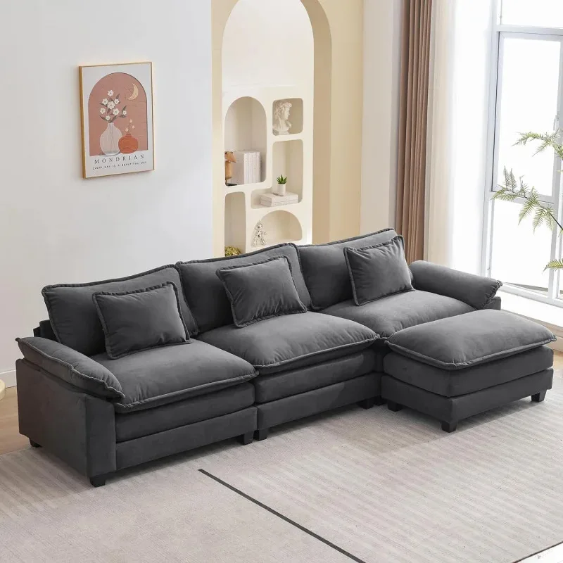 QWL Shape Sofa Comfy Sectional Cloud Couch for Living Room with Pillows,Modern Velvet Sofa Sleeper Deep Couches with Ottoman