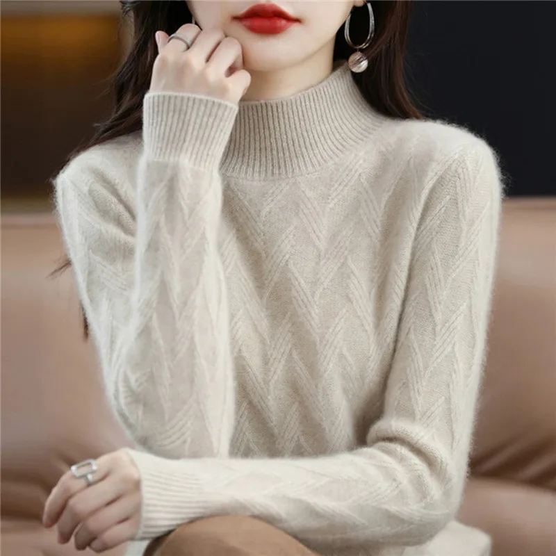

Autumn Winter Acrylic Women's Sweater Half Turtleneck Long Sleeve Pullover Knitted Solid Fashion Office Lady Sweater