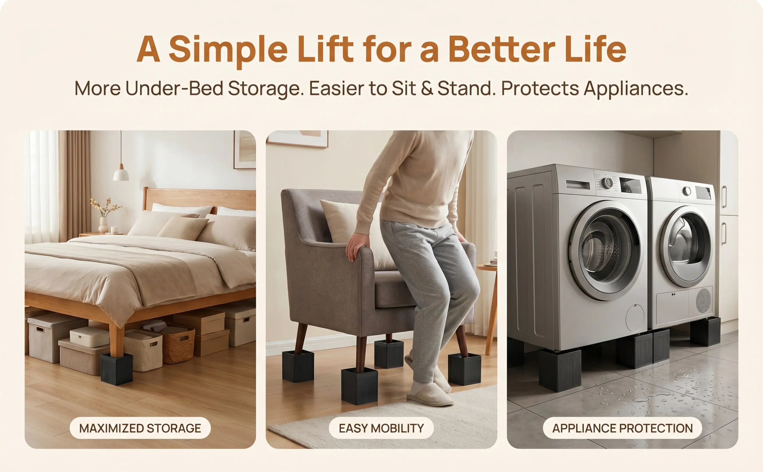 4Pcs Square Rubber Furniture Risers for Beds Tables Chairs Desks Sofas Cabinets Refrigerators Washing Machines Height Lift Floor