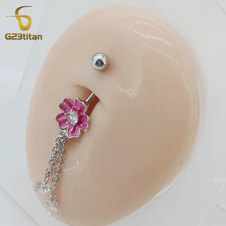 G23titan Charm Pink Flower Zircon Round Pendant Navel Ring 14G Titanium Barbell Belly Button Ring Piercing Women Jewelry Ombligo