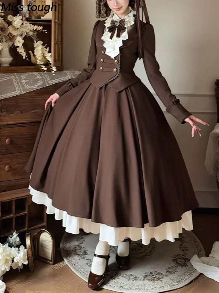 Fall Winter Vintage French Elegant Lolita Japanese Women's 3 Pieces Set Brown Jacket + White Shirt + Midi Skirt Harajuku Outfits
