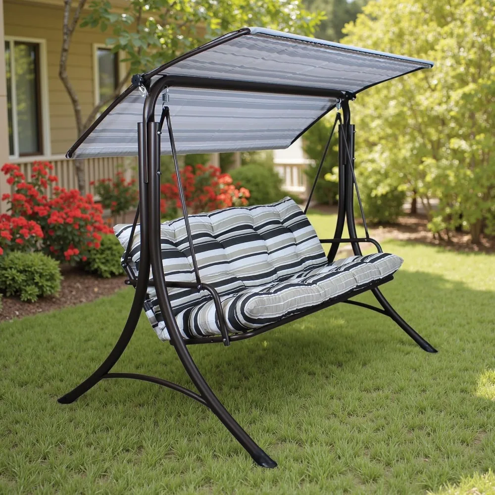 

Luxurious 3-Person Outdoor Swing with Steel Frame, Adjustable Shade, Cushioned Seats, and Backrest for Patio and Garden
