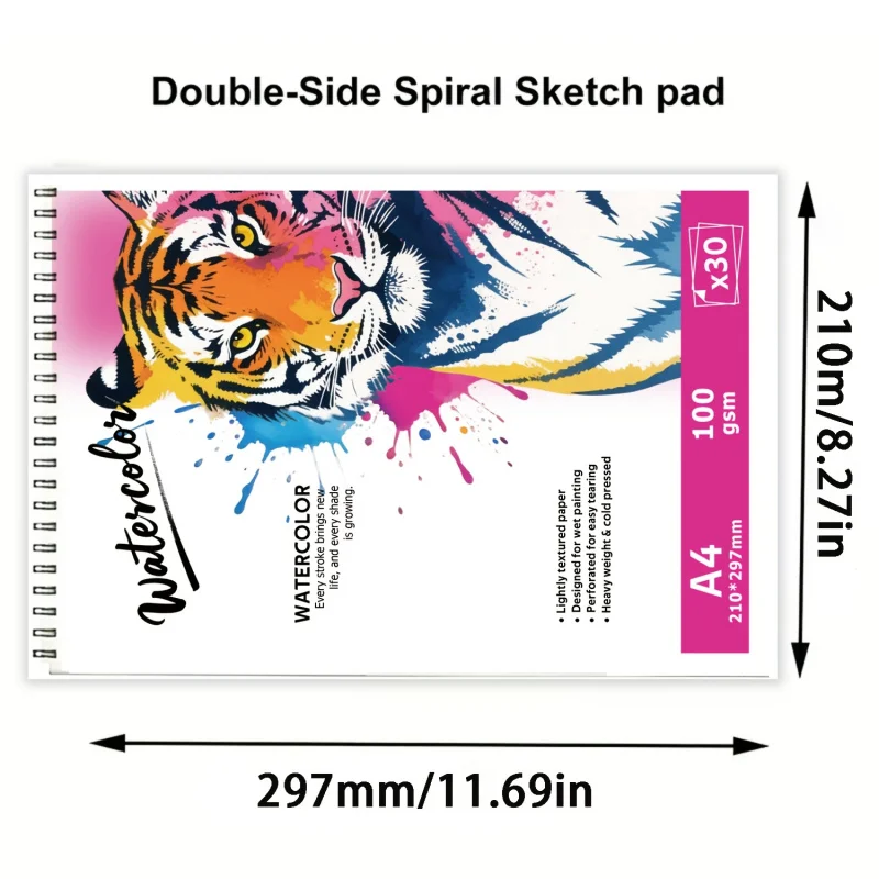 Spiral-Bound A4 Watercolor Sketchbook (210×297mm/8.27×11.69in) | Artist Grade, 100gsm Light Texture, 30 Sheets, Thick Cover, Per