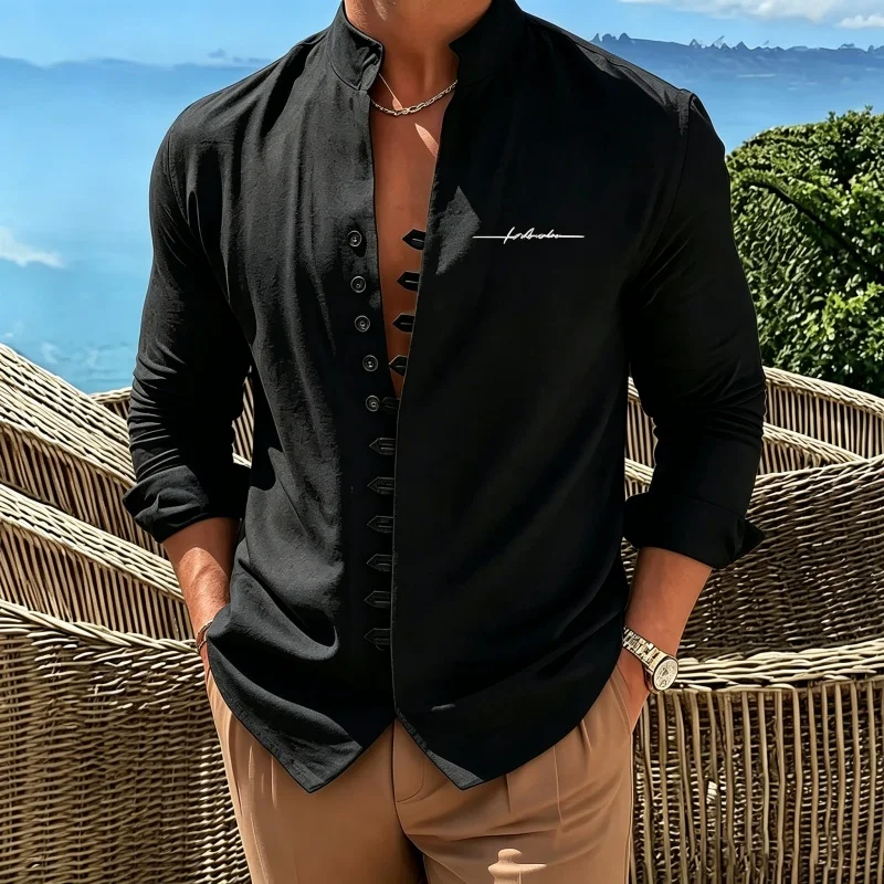 2027 New men's Standing Collar Long Sleeved Shirt  Solid Color Shirt  Personalized Printed Shirt  Casual Slim Fit men's Top