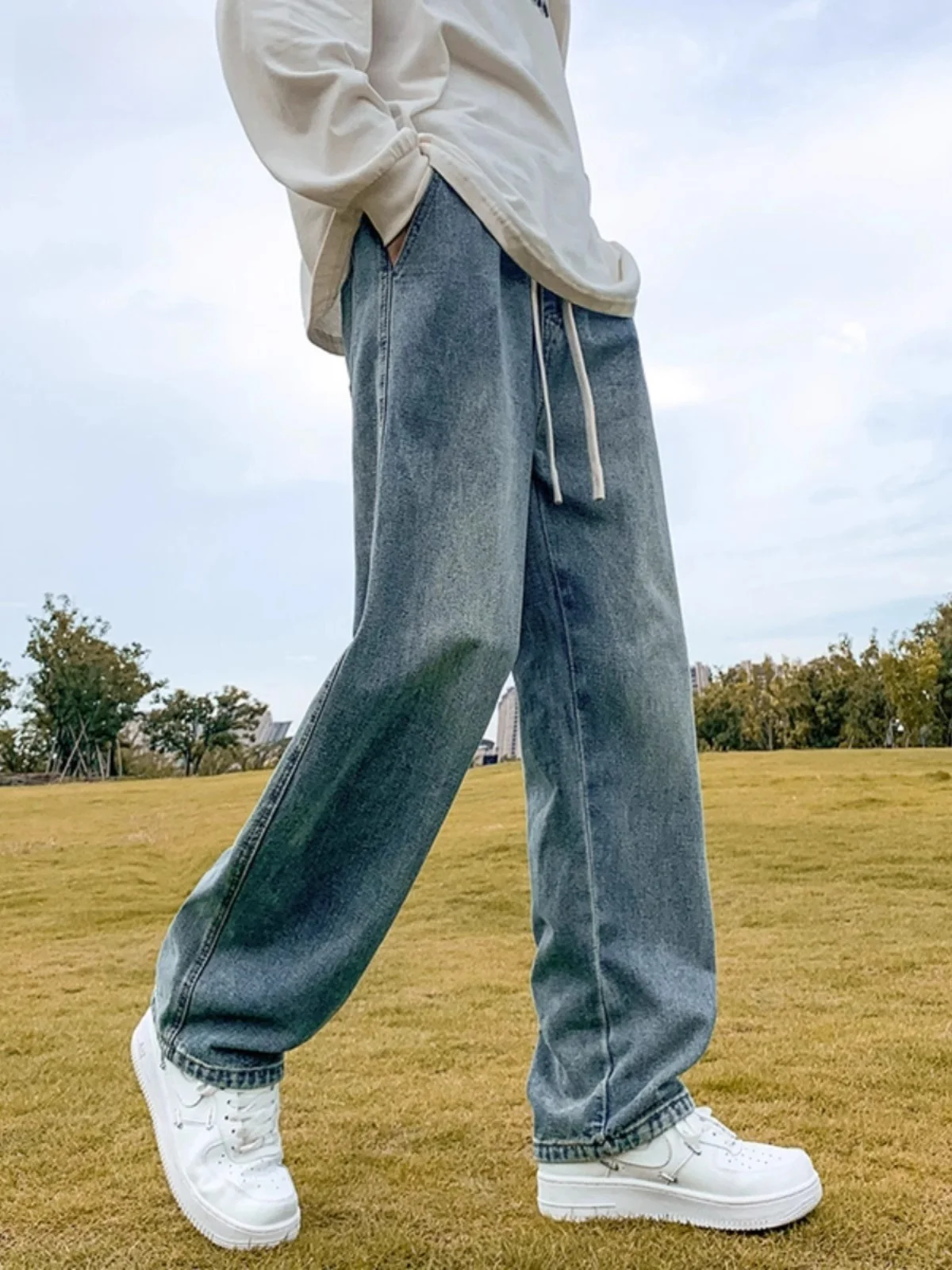 

Мужские джинсы в стиле ретро, свободные прямые повседневные брюки, американский стиль, осенние, модные, брендовые, из смесового хлопка и полиэстера, Waed Fini