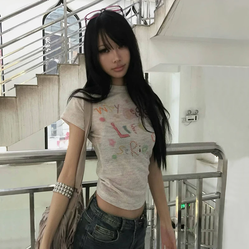 Karrram اليابانية Y2k إلكتروني طباعة محبوك تي شيرت خمر Harajuku المحاصيل الأعلى 2000s نمط قصير الأكمام تي شيرت الأمريكية الرجعية