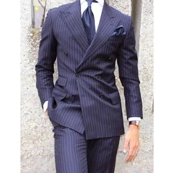 Men's Two-piece Striped Suit Male Suit for Party Man Elegant Business Work Attire Double-breasted Groom's Dress Fashionable Full