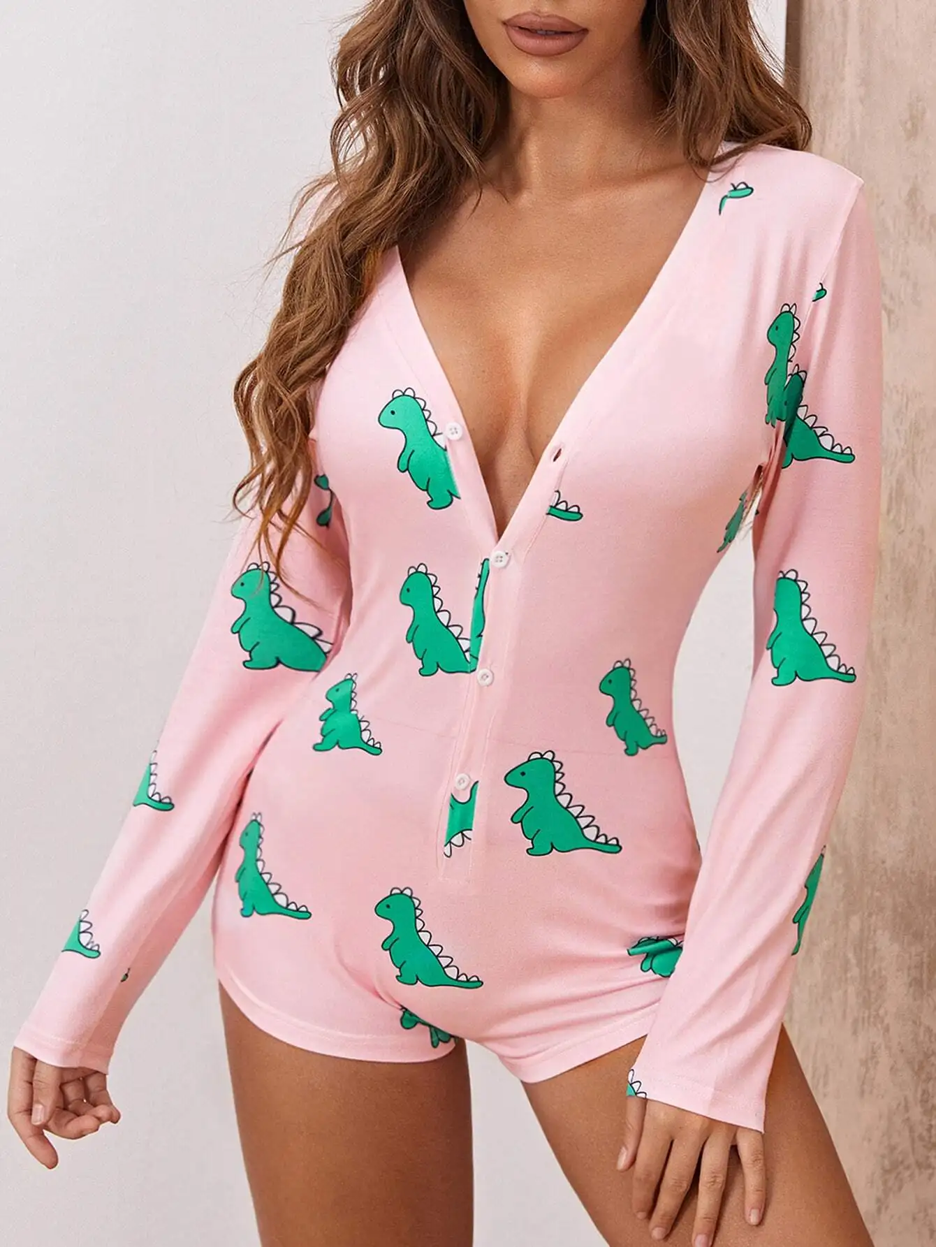 

Pink Dino-Print V-Neck Long Sleeve Romper Pajama Set