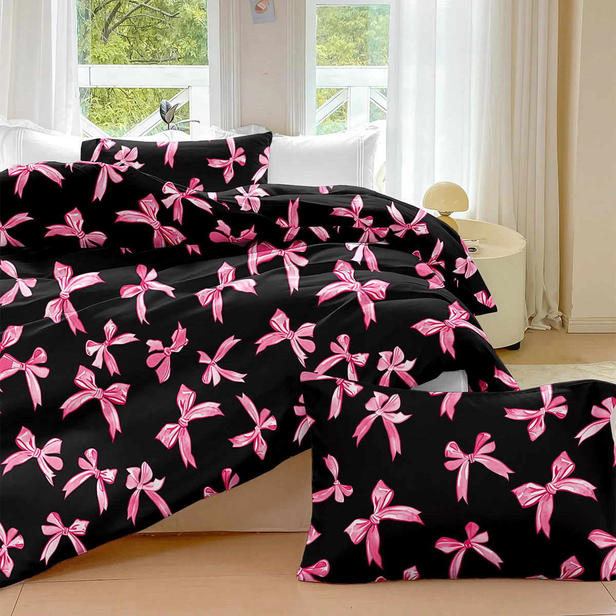 3pcs/set Plaid Bow Print Duvet Cover Set(1 Duvet Cover & 2 Pillowcase）Soft And Skin-Friendly Duvet Cover Bedding Set