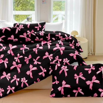 3pcs/set Plaid Bow Print Duvet Cover Set(1 Duvet Cover & 2 Pillowcase）Soft And Skin-Friendly Duvet Cover Bedding Set