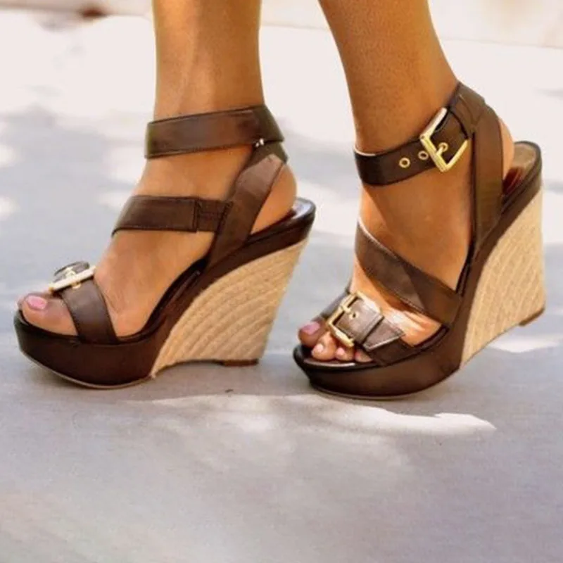 

Women Sandals Summer Fashion Peep Toe Wedges Heel Sandals Casual Backle Strap Shoes Lady Thick Sole Brown Sandals 2021 New Shoes