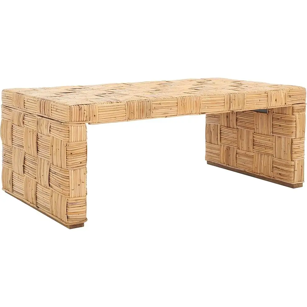 Natural Rattan Coffee Table Woven Crosshatch Design Versatile Living Room Furniture Fully Assembled Home Decor Accent Table